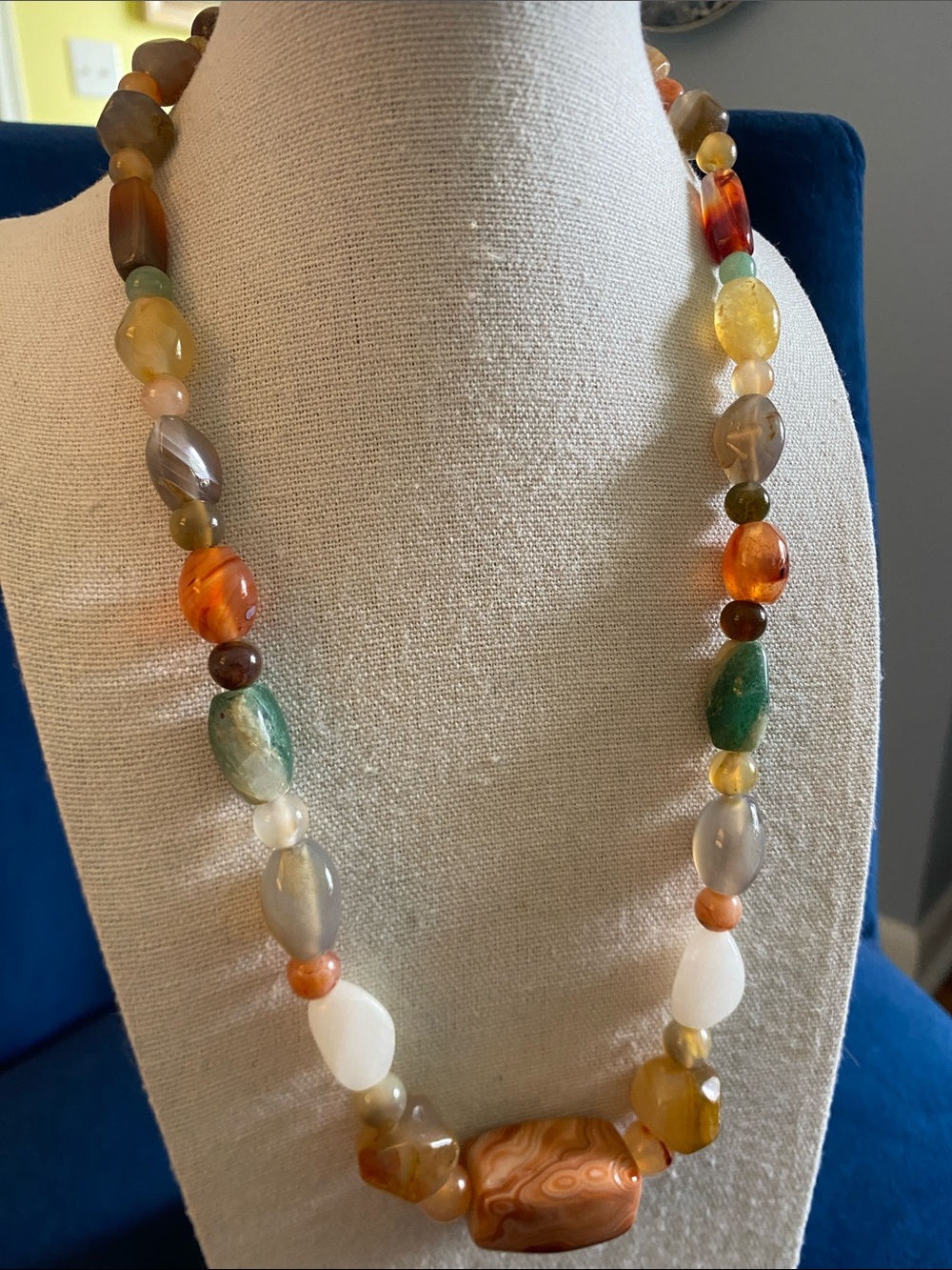 Mixed Gemstone Agate Carnelian Statement Necklace 21” Boho